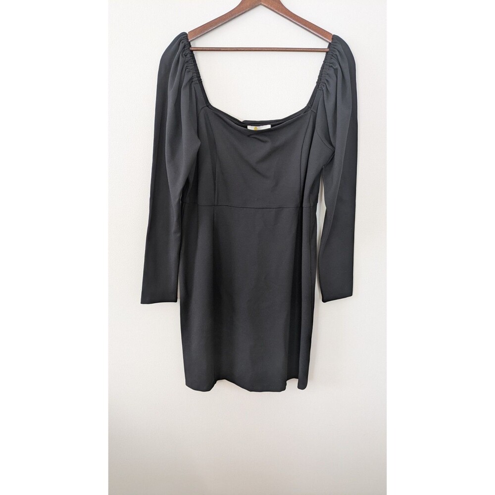 Boden Square Neck Sheath Dress 14R Black Puff Long Sleeve Stretch Knee Length
